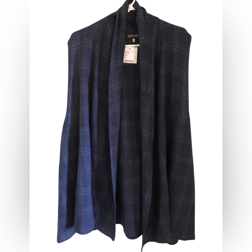 eskandar Navy Plaid Waistcoat Open Sleeveless Size 1